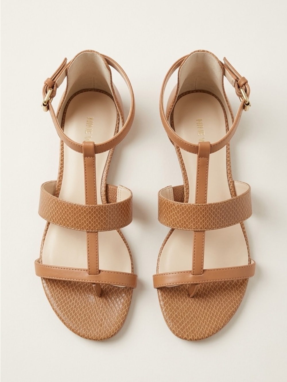 Nine West Tan Snakeskin Embossed T Strap Flat Ankle Sandals Size 7.5